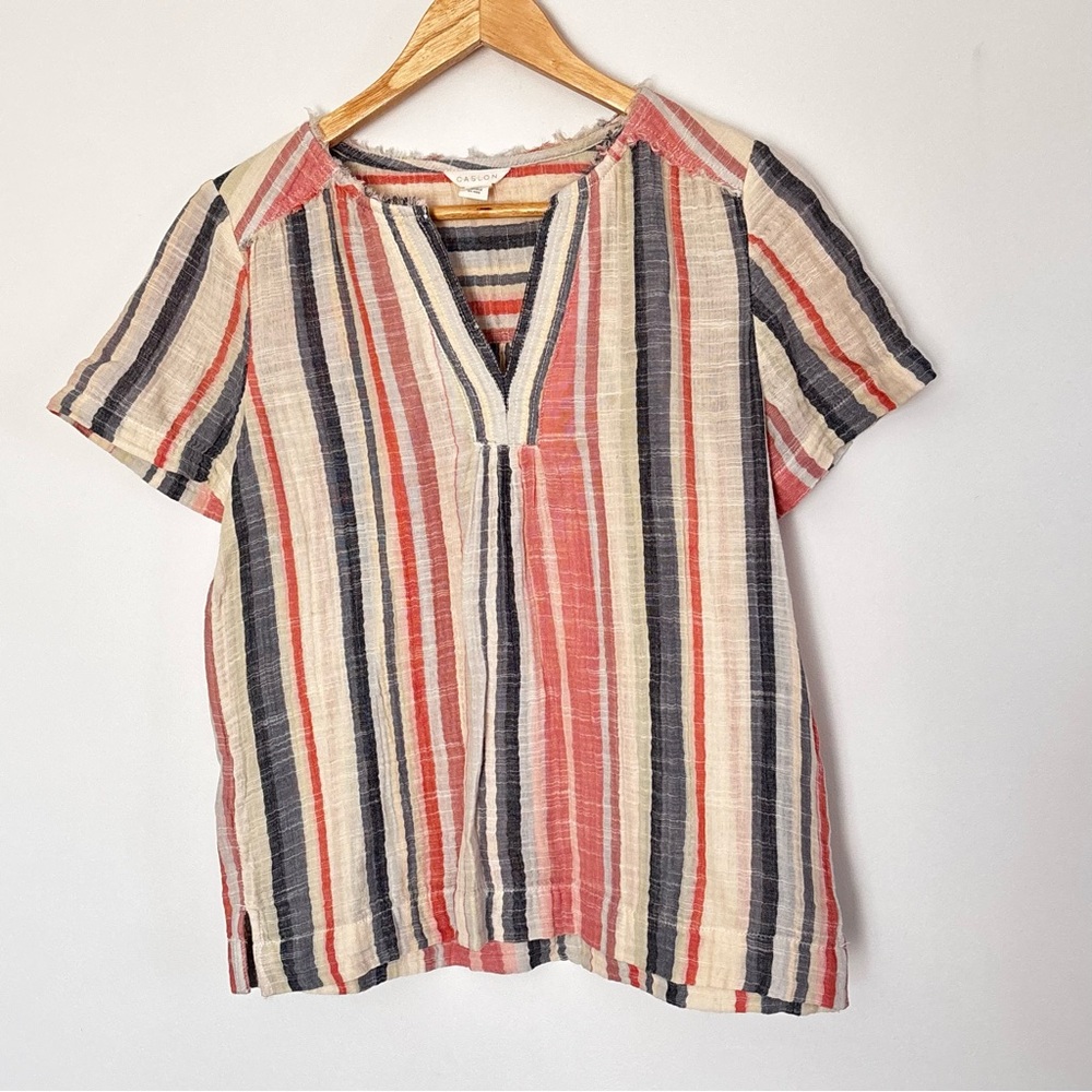 Caslon Gauze Striped Top Blouse Size Small Neutral Lightweight *E13
